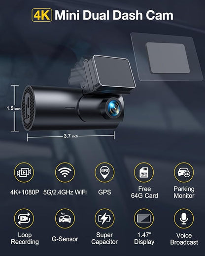 GKU Dash Cam Front and Rear Camera,4K+1080P, 5.8GHz WiFi & GPS Dash Camera for Cars,with 64G SDcard,1.47" Display Dashcam, 24HParking Mode,App Control,Super Night Vision,WDR,Support Max 256GB
