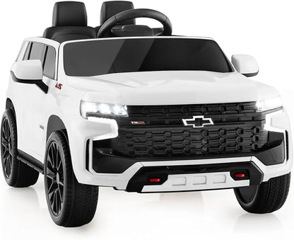 HONEY JOY Ride On Truck, 12V Licensed Chevrolet Tahoe, Chevy Electric Vehicle for Kids, Soft Start, Music, Lights, Battery Powered Ride On Car Toy with Remote Control, Gift for Boys Girls (White)