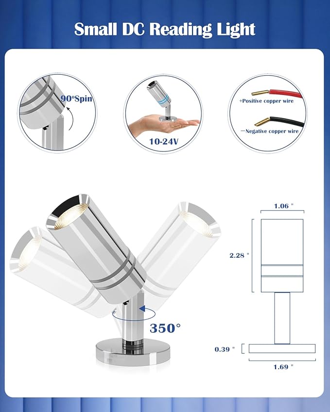Small 12V RV Reading Light 3W DC 12 Volt LED Camper Lights Interior Warm White Interior Lights with Built-in Dimmer Touch Switch of Blue Decor Light On Trailer Van Truck Car Motorhome Caravan Boat