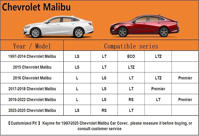 Kayme 6 Layers Car Cover Custom Fit for Chevrolet Chevy Malibu (1997-2025) Waterproof All Weather for Automobiles, Outdoor Full Cover Rain Sun UV Protection.Silver