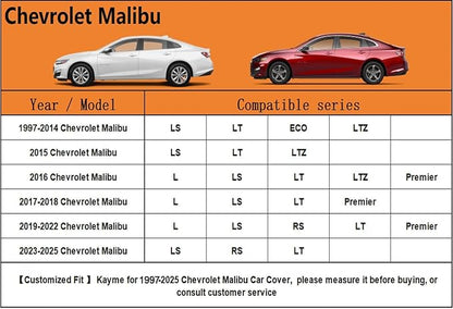 Kayme 6 Layers Car Cover Custom Fit for Chevrolet Chevy Malibu (1997-2025) Waterproof All Weather for Automobiles, Outdoor Full Cover Rain Sun UV Protection.Silver