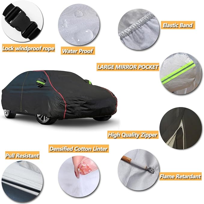 AUQDD 6-Layers PEVA New Material Sedan SUV Full Padded Car Cover Waterproof All Weather Weatherproof UV Sun Protection Snow Dust Storm Resistant Outdoor Exterior Custom Form-Fit Straps 188"-200" Black