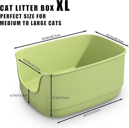 Gefryco Large Cat Litter Box with High Sided 24.6"x18.3"x12.2" - Jumbo Extra Large Open Anti - Splashing High Wall for Multiple Cats (Green)