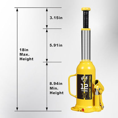 YELLOW JACKET 12 Ton Muti-Directional Welded Bottle Jack (24,000lb), Horizontal Bottle Jacks Use for Car, Pickup, Truck, RV, Auto Repair, Hydraulic Bottle Jack, Yellow