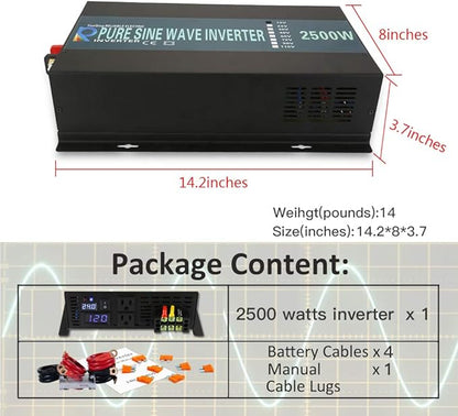 WZRELB Strong Driving Capacity 2500W 24VDC to 120VAC Pure Sine Wave Inverter Power Converter (RBP250024B1), Black