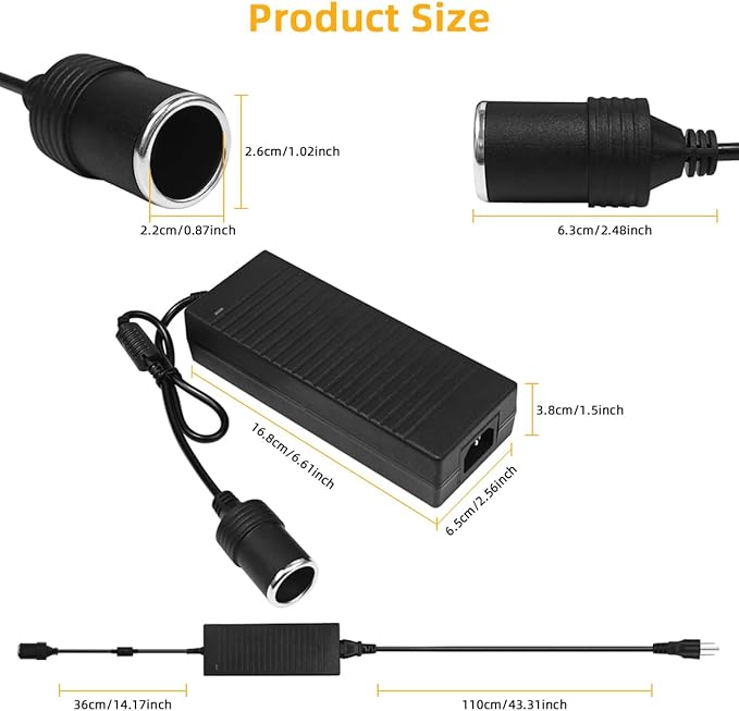 180W AC to DC Converter, 100V ~ 240V to 12V 15A Car Cigarette Lighter Socket AC/DC Adaptor Power Supply for Car Refrigerator, Tire Inflator, Vacuum Cleaner and Other Devices 7.2FT