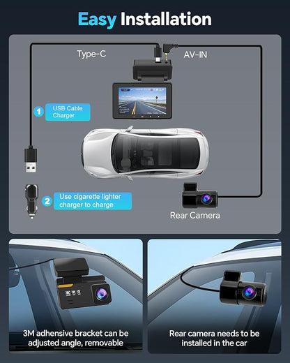 Dash Cam Front and Rear 4K+1080P, Dash Camera for Cars Built-in GPS WiFi, App Control, 64GB Card, 3 Inch IPS Screen Dual Dashcam Car Camera with ADAS, Night Vision, Loop Recording, G-Sensor