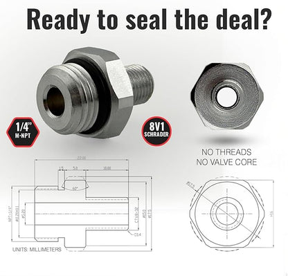 Self-Sealing Tire Inflator Adapter (2 Pack) – 1/4” NPT Male to Schrader Valve, Leak-Free O-Ring, No Tape Needed