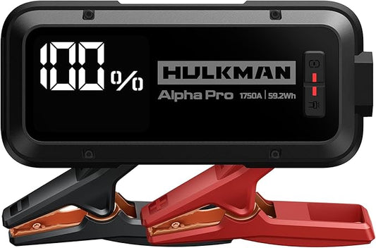 Hulkman Alpha Pro Solid Black, 1750A 59.2Wh Car Jump Starter Portable, High-Capacity Battery Booster & Jumper Cables, 3.3" Display Jump Box, PD65W in&Out, 12V Battery Pack for 8.0L Gas/5.0L Diesel
