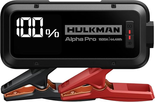 Hulkman Alpha Pro Solid Black, 1500A 44.4Wh Car Jump Starter Portable, High-Capacity Battery Booster & Jumper Cables, 3.3" Display Jump Box, PD65W in&Out, 12V Battery Pack for 7.5L Gas/4.5L Diesel