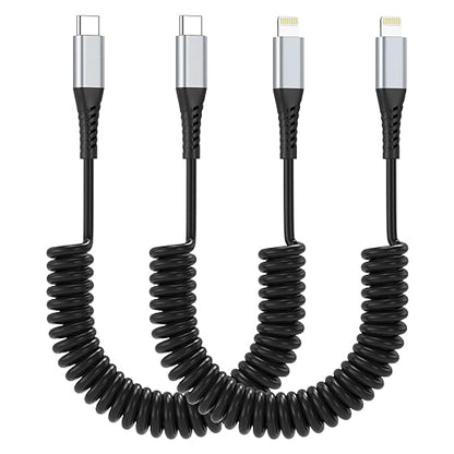 Coiled USB C to Lightning Cable, 2 Pack Retractable iPhone Charging Cable for Car, 3FT USBC to Lightning Cable for iPhone 14 13 12 11 Pro Max Mini 10 8 7 Plus XR XS SE, AirPod
