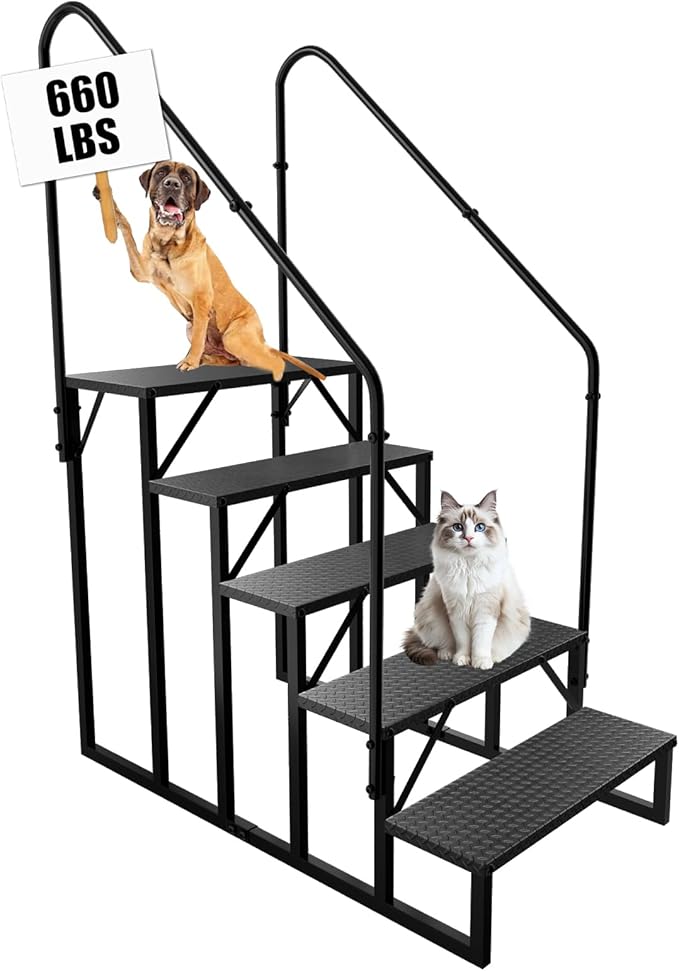 RV Stairs 5 Step Ladder, RV Steps Anti-Slip, Hot Tub Steps with Handrail, 660 lbs RV Ladder for 5th Wheel RV, Mobile Home Stairs（2 Handrails