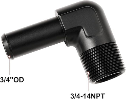 3/4 NPT Male to 3/4" Hose Barb Fitting Adapter 90 Degree Elbow Aluminum Black