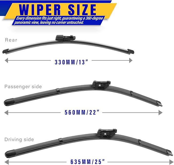 3 wipers Replacement for 2018-2021 2022 Volkswagen Vw Tiguan, Windshield Wiper Blades Original Equipment Replacement - 25"/22"/15" (Set of 3) Top Lock