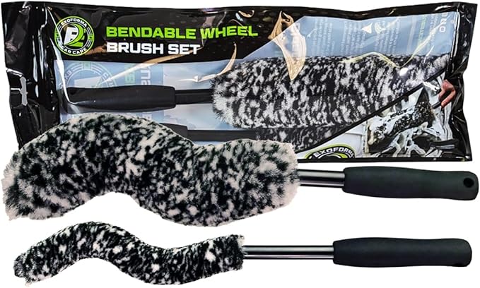 ExoForma Bendable Brush Set - Unique Adjustable 2-Piece Wheel Brush Set Cleans Behind Wheels - Tough Yet Gentle Wool Fiber + No-Scratch Rubber Tip Safe for All Wheel Types - Comfy Ergonomic Grip