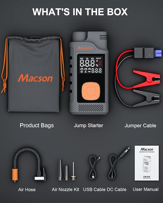 Jump Starter with Air Compressor-1500A Portable Car Battery Charger(Up to 7.5L Gas/5.5L Diesel),12V Jumper Box 150PSI Auto Tire Inflator with Jumper Cable, USB Charge, DC Output and Flashlight