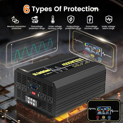 4000W Pure Sine Wave Power Inverter 12V DC to 120V AC 60HZ with LCD Display, USB Port, Wireless Remote Control（10M）, Solar, Outdoor