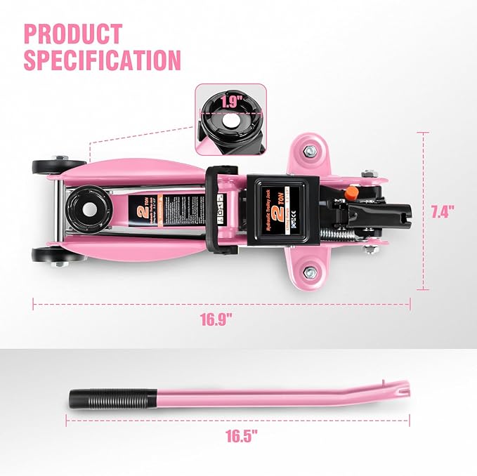 DNA MOTORING Low Profile Hydraulic Trolley Service/Floor Jack, 2 Ton (4000 lbs) Capacity, Lifting Range 5.1"-13", Pink, TOOLS-00474-PK