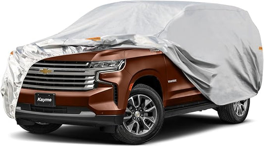Kayme Large SUV Car Cover Waterproof All Weather for Automobiles, Outdoor Full Size SUV Cover Rain Sun UV Protection, Universal Fit for Chevrolet Tahoe, Lincoln MKT, GMC Envoy (207-214 inch)