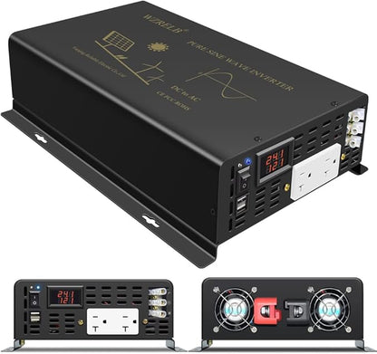 WZRELB 2500W Pure Sine Wave Power Inverter 24VDC to 120VAC 60HZ Dual AC Outlets 2× 2.4A USB Port&Hardwire Terminal Off-Grid Solar Converter RV Trucks Home