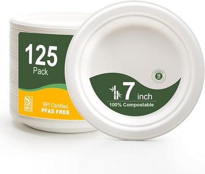 WELLIFE 100% Compostable Paper Plates 7 Inch, 125-Pack Dessert Paper Plates Bulk, Biodegradable Bagasse,Eco-Friendly Disposable Plate Small for BBQ,Picnic,Party (BPI Certified,Microwaveable)
