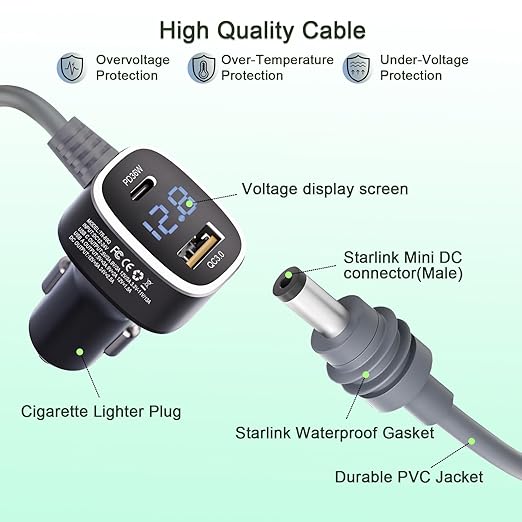 3 in 1 Car Power Cable for Starlink Mini Cigarette Lighter Adapter, Car Charger for Mini Starlink DC Power Cable with Digital Display, Durable & High Speed Charging USB A/USB C Port (3M/10FT)