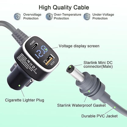 3 in 1 Car Power Cable for Starlink Mini Cigarette Lighter Adapter, Car Charger for Mini Starlink DC Power Cable with Digital Display, Durable & High Speed Charging USB A/USB C Port (3M/10FT)