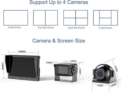 10'' 1080P Wireless Backup Camera System, 10 Inch DVR Quad Split Monitor Wireless Rear Side View Cameras, IP69 Waterproof Digital Signal Record System for RV/Truck/Trailer/Camper-BW104SL