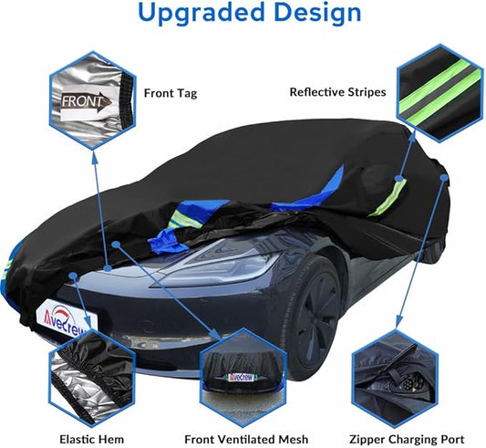 Avecrew Car Cover for Tesla Model 3 2017-2024, Custom Fit Full Exterior Cover with Charging Port and Breathable Ventilation Mesh, Waterproof All Weather Outdoor Rain Snow Sun Protection Cover
