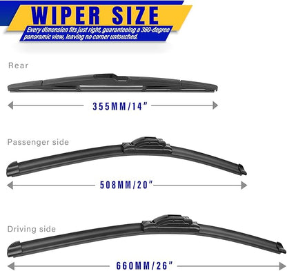 3 wipers Replacement for 2007-2014 Ford Edge/2007-2015 Lincoln MKX, Windshield Wiper Blades Original Equipment Replacement - 26"/20"/14" (Set of 3) U/J HOOK