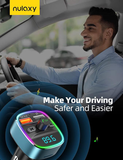 Nulaxy Bluetooth FM Transmitter, Bluetooth Car Adapter with Dual USB Charging Car Charger, MP3 Player Support, TF Card & USB Disk, Hands-Free Calling, 7 Colors LED Backlit Light-Blue