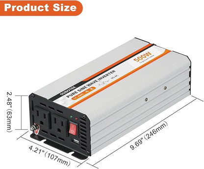 500W Power Inverter, DC 12V to 120V AC Converter for Vehicles Car, Pure Sine Wave Adapter with USB Port and 2 AC Outlets Car Charger for Laptop Smartphone Small Power Tool