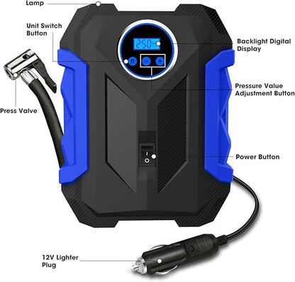 Digital Air Compressor for Car Auto Pump Portable Tire Inflator with LED Light DC 12V, Blue