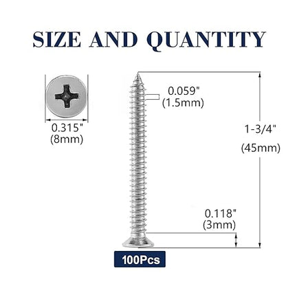 #8 x 1-3/4" Wood Screw 100Pcs 18-8 (304) Stainless Steel Screws Flat Head Phillips Fast Self Tapping Drywall Screws by SG TZH