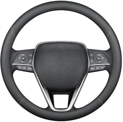 LKWLIKEI Nappa Premium Leather car Steering Wheel Cover, Non-Slip, Breathable, Universal 15 inches (red Blue line)
