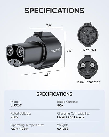 Fondwell J1772 to Tesla Charger Adapter: Compatible with Tesla Model Y/3/X/S/Cybertruck - Fast EV Charging Plug Adaptor with 250V 80Amp for Level 1 and Level 2 Chargers (Black)