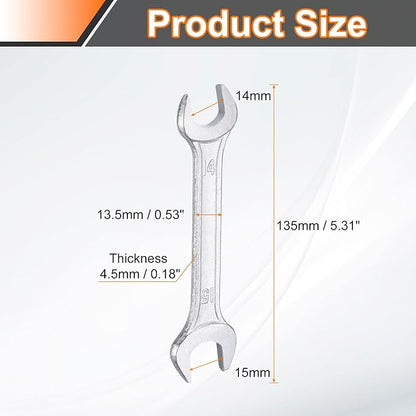 HARFINGTON Double Open End Wrench 14mm x 15mm Metric 15 Degree Offset Angle Small Flat Head Wrench Galvanizing Open Ended Spanner for Automotive Repair Furniture Assembly