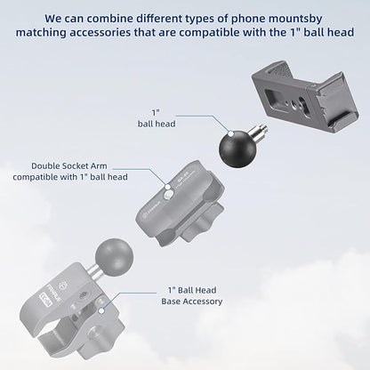 FANAUE Aluminum Phone Holder with 1" Ball Head Adapter - Universal RAM Mounts B Size Compatible, Double Socket Arm Design for Motorcycles/Bikes/ATVs/Cars/Trucks - Secure 360° Rotation