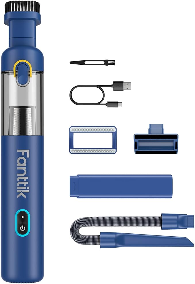 Fanttik Slim V8 Mate Cordless Car Vacuum Suction Power 12000Pa, Portable Mini Vacuum with Flexible Hose and Pet Brush, Type-C Charge, Portable for Car, Office Desk, Keyboards, Blue