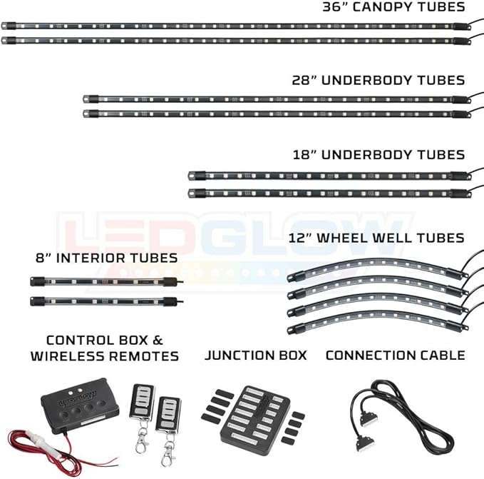 LEDGlow 12pc Million Color LED 4-Seater Golf Cart Underglow Neon Kit with Canopy, Wheel Well & Interior Lights Fits EZGO, Yamaha, Club Car, ICON, Evolution, Tomblerin, Star EV - for 12-Volt Battery