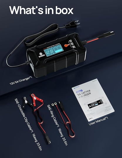 DC HOUSE 5A Battery Charger, 12V Smart Lithium Battery Charger for LiFePO4 & Lead Acid, Trickle Charger Maintainer and Desulfator for Car, Motorcycle, Automotive Batteries