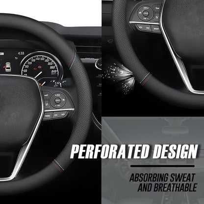 LKWLIKEI Nappa Premium Leather car Steering Wheel Cover, Non-Slip, Breathable, Universal 15 inches (red Blue line)