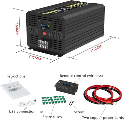 4000W Pure Sine Wave Power Inverter 12V DC to 120V AC 60HZ with LCD Display, USB Port, Wireless Remote Control（10M）, Solar, Outdoor