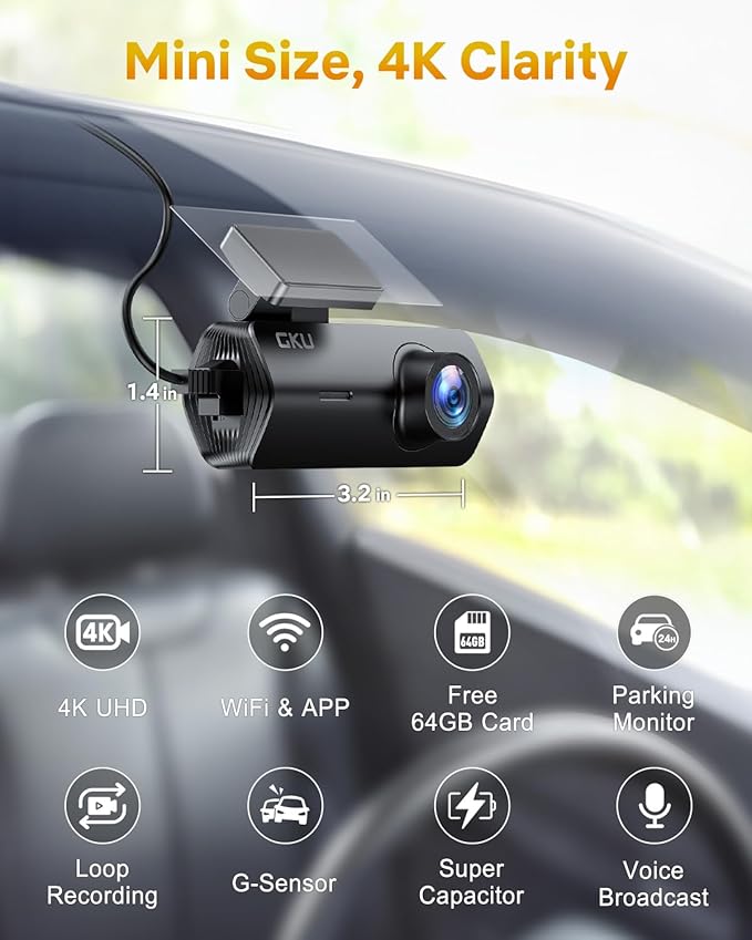 GKU 4K Dash Cam,Dash Cam Front with UHD 2160P, DashCam Built-in WiFi, 24H Parking Monitor,Night Vision,WDR,170° Wide Angle,Loop Recording,G-Sensor,DashCam Includes 64GB Card (Black)