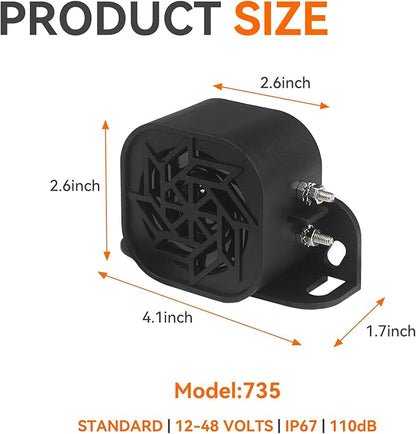 735 Back-up Alarm 12V-48V 110dB IP67 Waterproof Dust-Proof Reversing Warning Alarm with Super Loud Beeper Tone for Truck Van Forklift Car Lorry Agricultural Vehicles