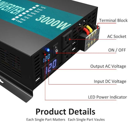 WZRELB 3000W 12V Pure Sine Wave Solar Power Inverter DC AC Converter (RBP300012W),Black