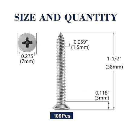 #7 x 1-1/2" Wood Screw 100Pcs 18-8 (304) Stainless Steel Screws Flat Head Phillips Fast Self Tapping Drywall Screws by SG TZH