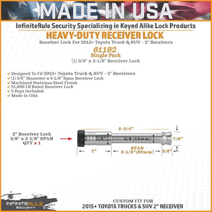 61192 | Single Pack, 2" Receiver Lock for 2015+ Toyota Tacoma, Tundra, & SUV