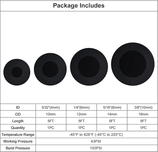EVIL ENERGY 5/32 1/4 5/16 3/8 Silicone Vacuum Tubing Hose Line Kit 5FT 4PCS 130PSI Max Pressure (4mm 6mm 8mm 10mm)