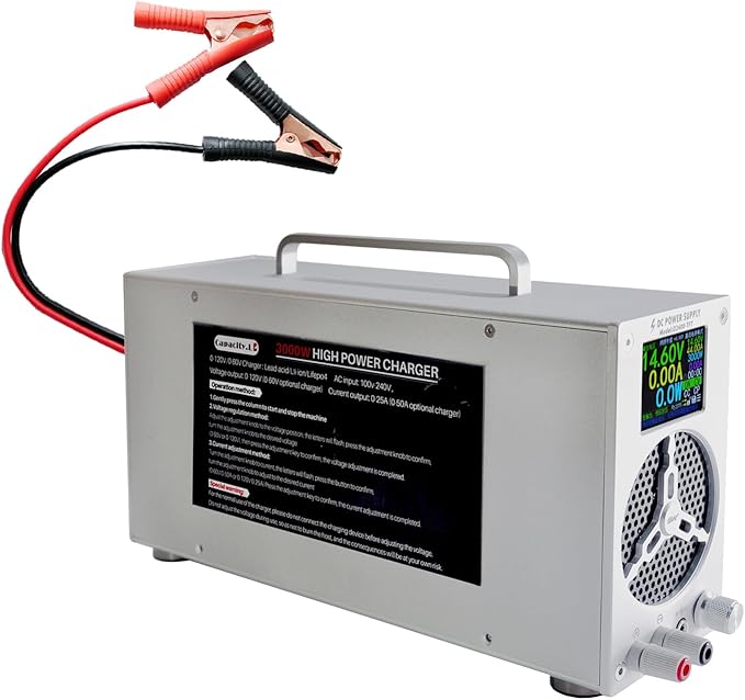 High Power Battery Charger, Upgraded Design LifePO4 Battery Charger, One Click Control Adjustable Current/Voltage Portable Adapter for LiFePO4 Lithium Iron Rechargeable Battery(60V/50A)